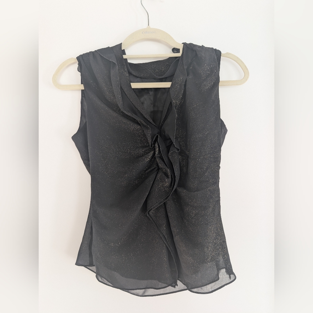 Tahari Petite Black Sheer Shimmer Blouse – Elegant Draped Top ✨